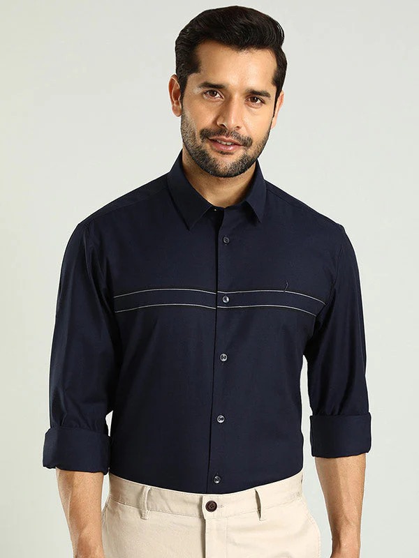 Indian Terrain Men's Regular Fit Full Sleeve Striped Navy Shirt